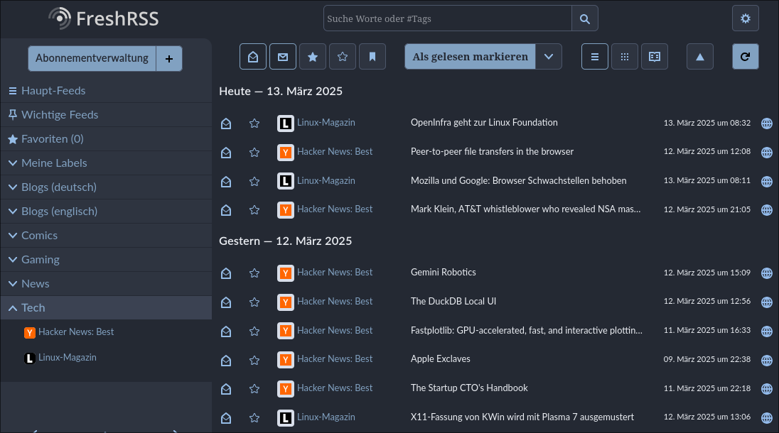 Screenshot von FreshRSS